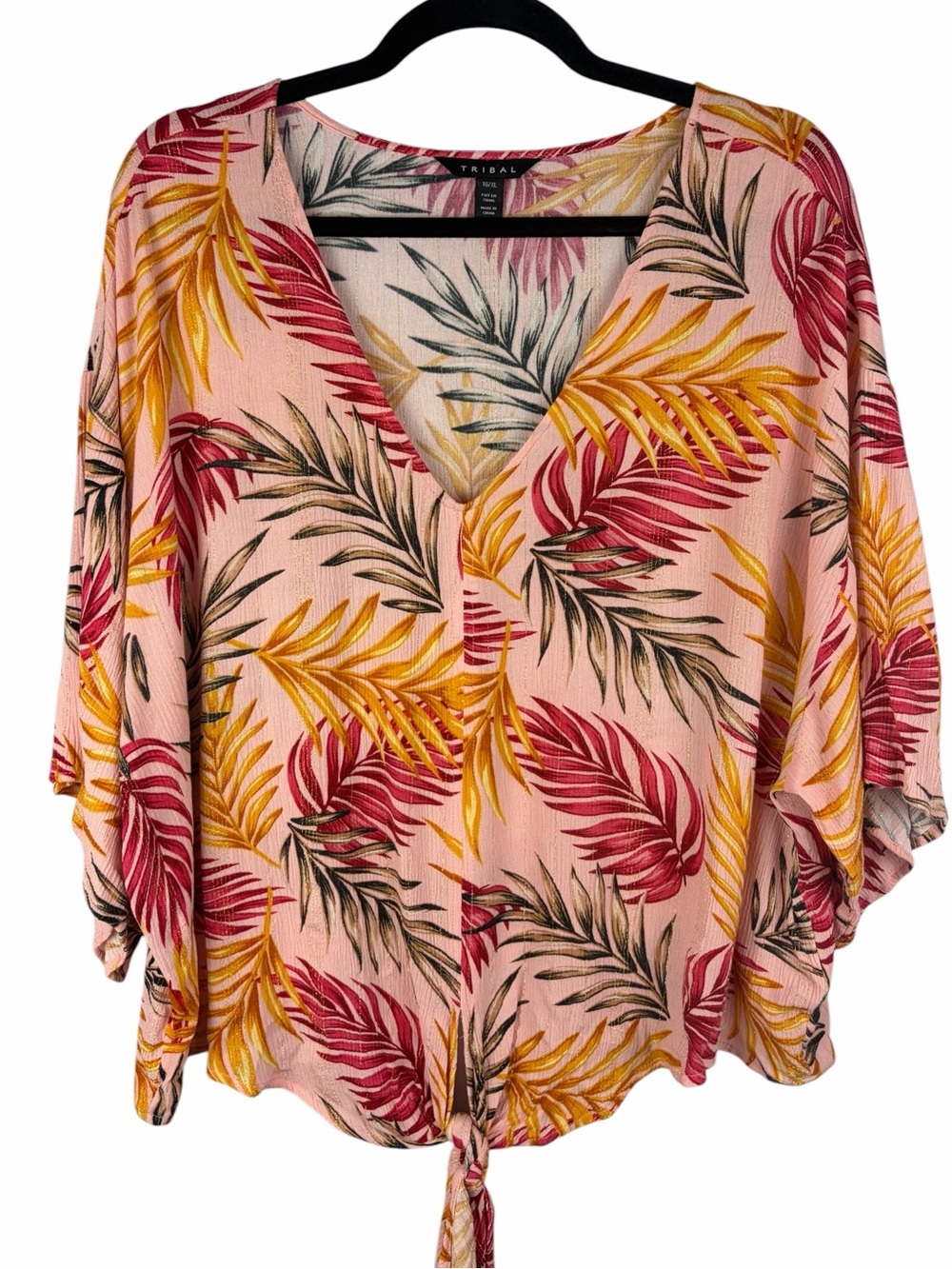 Tribal Tropical Palm Print Tie Front Dolman Sleeve Blouse XL